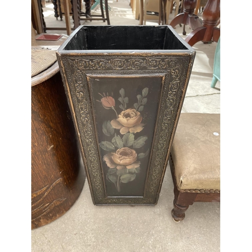 2204 - A 1950'S OTTOMAN/STOOL, LOW STOOL ON TURNED LEGS, EMBOSSED STICK STAND WITH FLORAL PANELS