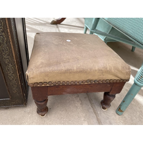 2204 - A 1950'S OTTOMAN/STOOL, LOW STOOL ON TURNED LEGS, EMBOSSED STICK STAND WITH FLORAL PANELS