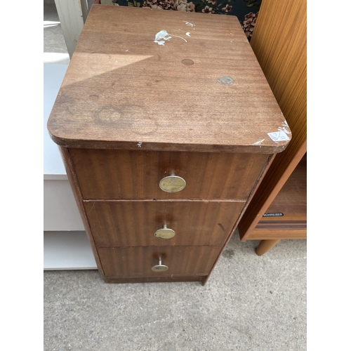 2212 - A TEAK BEDSIDE CABINET, TWO WHITE BEDSIDE CABINETS AND A WHITE BEDSIDE CHEST OF THREE DRAWERS