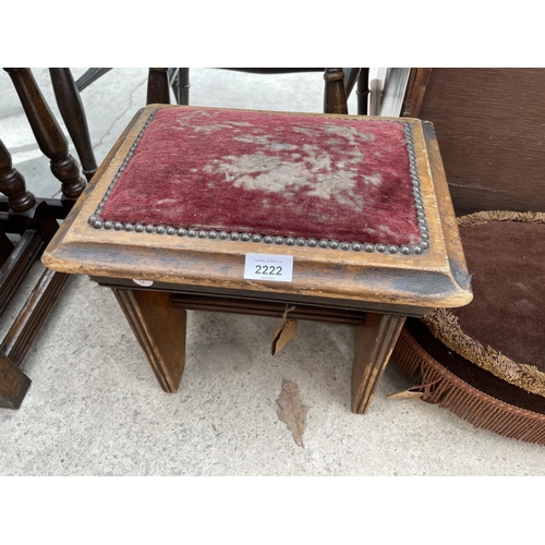 2222 - A SMALL OVAL DRALON STOOL, SMALL VICTORIAN STOOL AND OCTAGONAL FOLDING TABLE