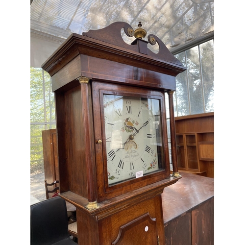 2227 - A 19TH CENTURY OAK AND CROSSBANDED THIRTY HOUR LONGCASE CLOCK WITH SQUARE ENAMEL DIAL DEPICTING BIRD... 