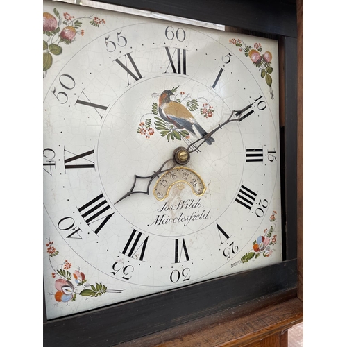 2227 - A 19TH CENTURY OAK AND CROSSBANDED THIRTY HOUR LONGCASE CLOCK WITH SQUARE ENAMEL DIAL DEPICTING BIRD... 