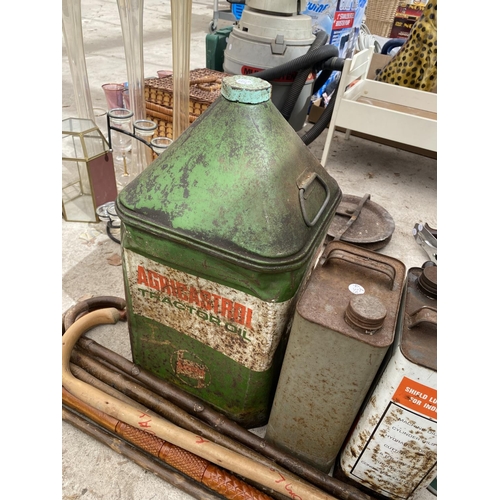 1632 - A VINTAGE CASTROL OIL DRUM, 2 FURTHER VINTAGE OIL CANS, ONE BEING A VIC MOORES PETROL CAN AND A COLE... 