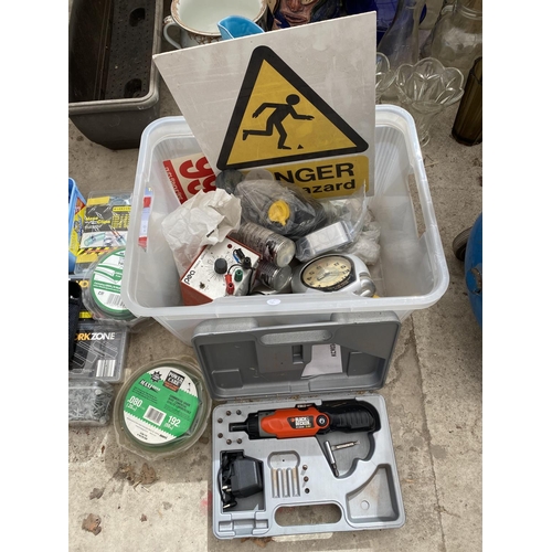 1653 - AN ASSORTMENT OF HARDWARE ITEMS TO INCLUDE DRILLS, NAILS AND SAFETY SIGNS ETC