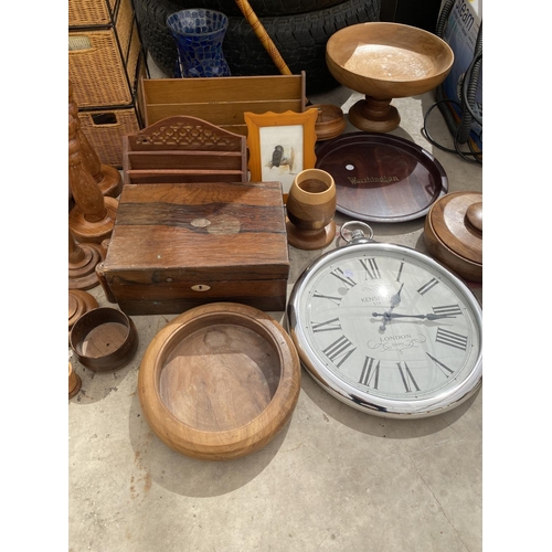 1666 - AN ASSORTMENT OF TREEN ITEMS TO INCLUDE A JEWELLERY BOX, CANDLE STICKS AND A WALKING STICK ETC