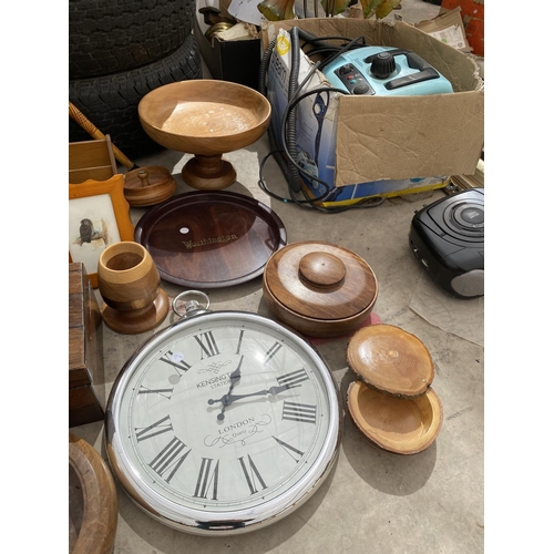 1666 - AN ASSORTMENT OF TREEN ITEMS TO INCLUDE A JEWELLERY BOX, CANDLE STICKS AND A WALKING STICK ETC