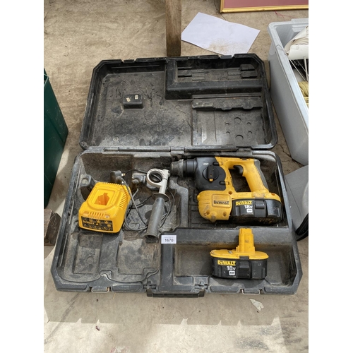 1670 - A DEWALT SDS BATTERY DRILL WITH BATTERY AND CHARGER