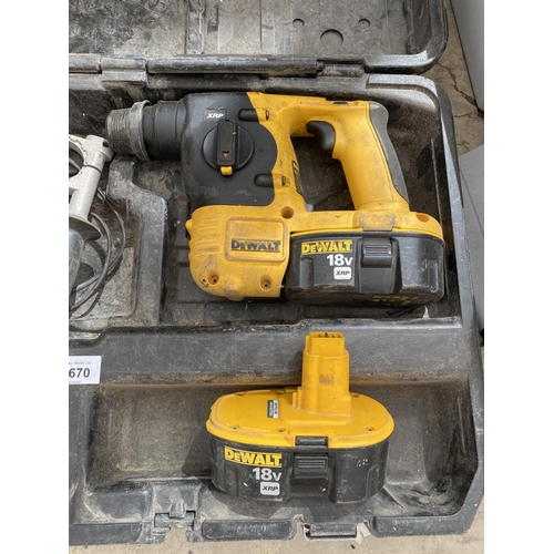 1670 - A DEWALT SDS BATTERY DRILL WITH BATTERY AND CHARGER