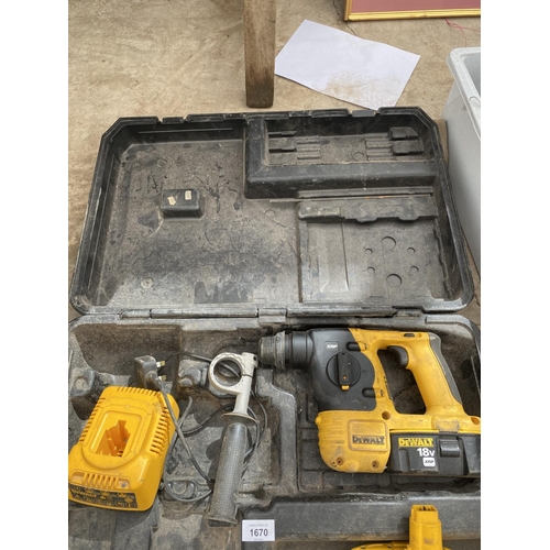 1670 - A DEWALT SDS BATTERY DRILL WITH BATTERY AND CHARGER