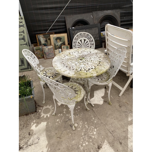 1673 - A WHITE PAINTED ALUMINIUM BISTRO SET WITH ROUND TABLE AND FOUR CHAIRS