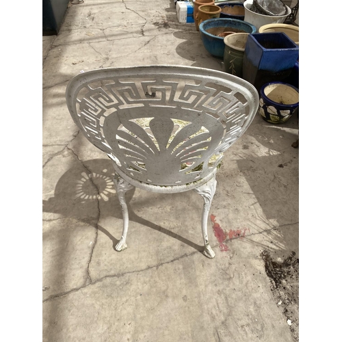 1673 - A WHITE PAINTED ALUMINIUM BISTRO SET WITH ROUND TABLE AND FOUR CHAIRS