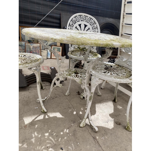 1673 - A WHITE PAINTED ALUMINIUM BISTRO SET WITH ROUND TABLE AND FOUR CHAIRS