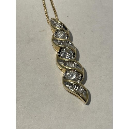 587 - A 14 CARAT GOLD DROP PENDANT WITH APPROXIMATELY 1 CARAT OF DIAMONDS CHAIN LENGTH 45CM