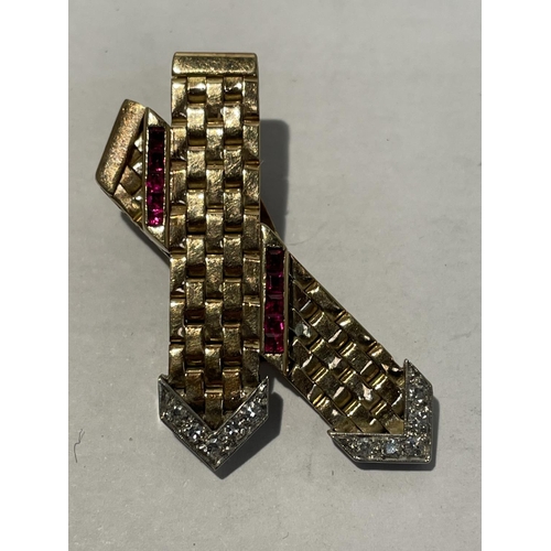 592 - A PAIR OF 9 CARAT GOLD ART DECO COLLAR CLIPS WITH DIAMONDS AND RUBIES