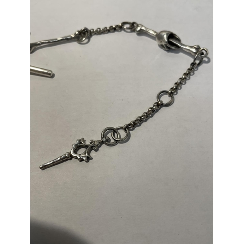 594 - A SILVER ALBERT CHAIN WITH LARGE SKULL FOB AND BONE, HAND ETC DESIGN