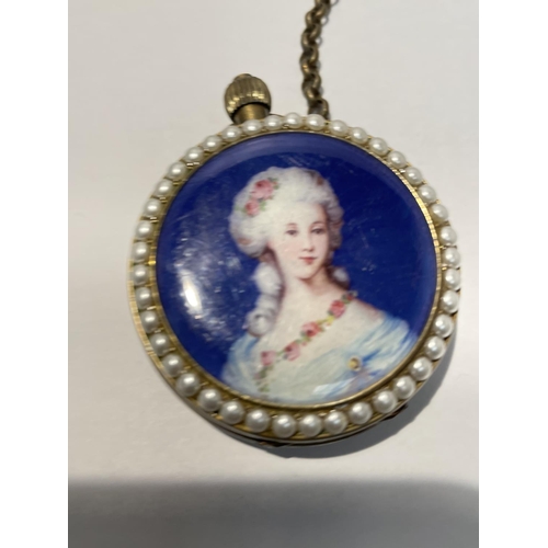 598 - A POCKET WATCH WITH ENAMEL AND PEARL DOUBLE SIDED CASE