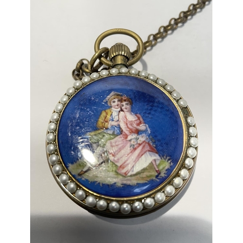 598 - A POCKET WATCH WITH ENAMEL AND PEARL DOUBLE SIDED CASE