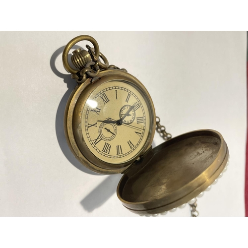 598 - A POCKET WATCH WITH ENAMEL AND PEARL DOUBLE SIDED CASE