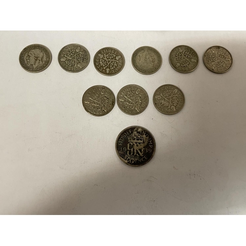 634 - TWELVE 1921 - 1946 SILVER COINS TO INCLUDE TWO FLORINS, A SIXPENCE, AND NINE THREE PENNIES