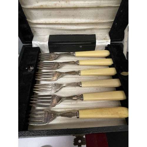 788 - A SET OF BONE HANDLED FISH KNIVES AND FORKS IN A PRESENTATION BOX, A SILVER PLATED COFFEE POT, CUT G... 