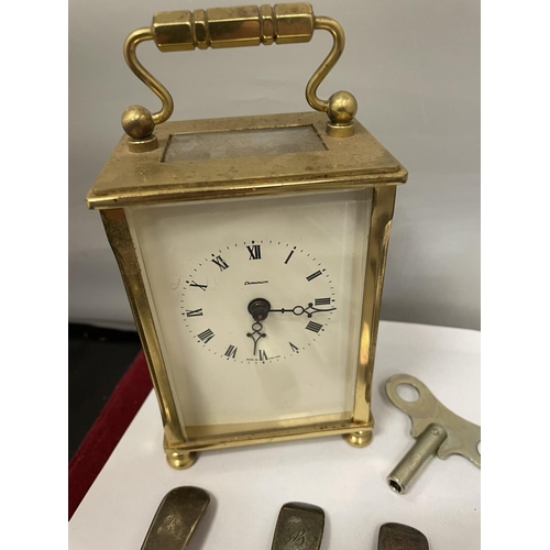 791 - A CARRIAGE CLOCK WITH KEY AND VARIOUS SILVER PLATED ITEMS