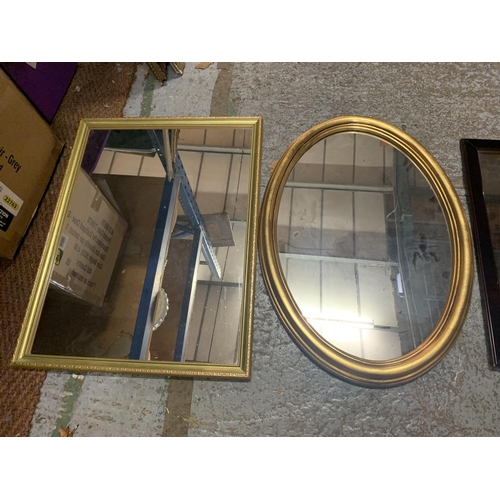 349 - TWO GILT FRAMED MIRRORS AND A FURTHER WOODEN FRAMED EXAMPLE