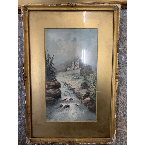 350 - TWO FRAMED PRINTS, ONE BEING AN ANTIQUE GILT FRAMED FARM SCENE SIGNED W. RANDALL 44CM X 58CM.
THE OT... 