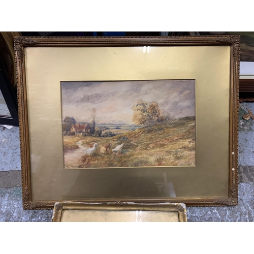 350 - TWO FRAMED PRINTS, ONE BEING AN ANTIQUE GILT FRAMED FARM SCENE SIGNED W. RANDALL 44CM X 58CM.
THE OT... 