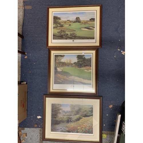 351 - THREE LARGE WOODEN FRAMED AND SIGNED LIMITED EDITION PRINTS TWO WITH A GOLF THEME