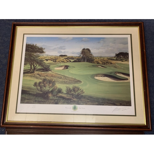 351 - THREE LARGE WOODEN FRAMED AND SIGNED LIMITED EDITION PRINTS TWO WITH A GOLF THEME