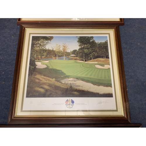 351 - THREE LARGE WOODEN FRAMED AND SIGNED LIMITED EDITION PRINTS TWO WITH A GOLF THEME