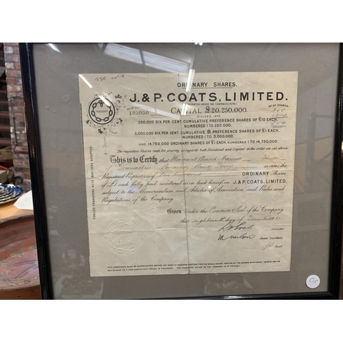 390 - TWO VINTAGE FRAMED SHARE CERTIFICATES DATED 1922 AND 1938