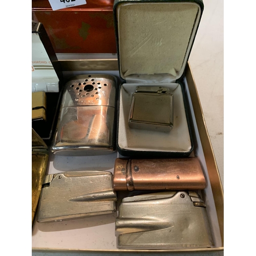 401 - A BOX OF SIX VINTAGE LIGHTERS AND A TOBACCO BOX