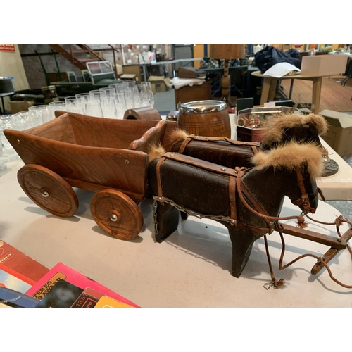 406 - A PAIR OF VINTAGE OAK DECORATIVE HORSES TO INCLUDE A TREEN CART