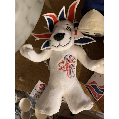 413 - THREE COLLECTABLE SOFT TOY SPORTING MASCOTS TO INCLUDE EURO 96, FRANCE 98 AND OLYMPIC GAMES TEAM GB ... 