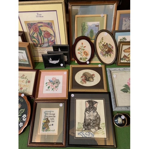 444 - A VERY LARGE QUANTITY OF FRAMED EMBROIDERIES AND TAPESTRIES