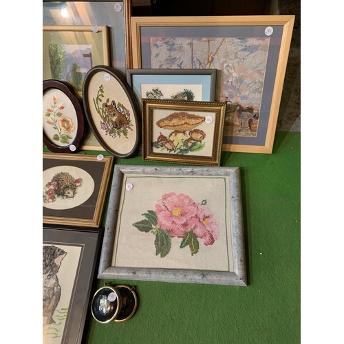 444 - A VERY LARGE QUANTITY OF FRAMED EMBROIDERIES AND TAPESTRIES