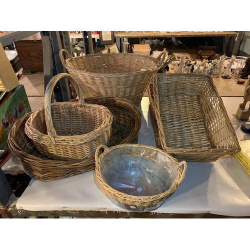 456 - SIX WICKER BASKETS TO INCLUDE A SMALL DOG BED AND A WASHING BASKET