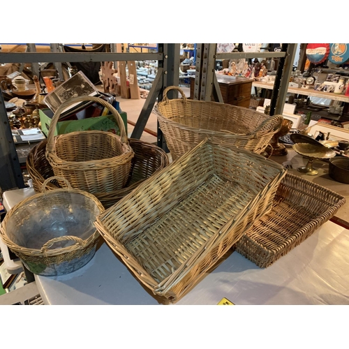 456 - SIX WICKER BASKETS TO INCLUDE A SMALL DOG BED AND A WASHING BASKET