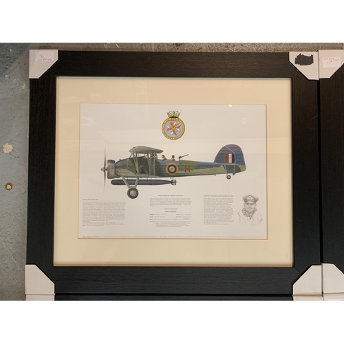 640 - FOUR FRAMED AVIATION PRINTS TO INCLUDE AVRO MANCHESTER, VICKERS SPITFIRE, MOSQUITO AND A SWORDFISH