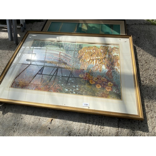 1706 - A LARGE FRAMED PRINT OF A WATER COLOUR AND A FRAMED OIL ON BOARD