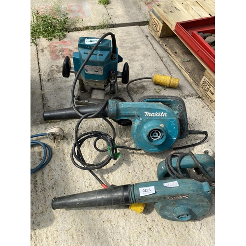 1720 - AN ASSORTMENT OF POWER TOOLS TO INCLUDE A ROUTER AND TWO MAKITA VACUUMS