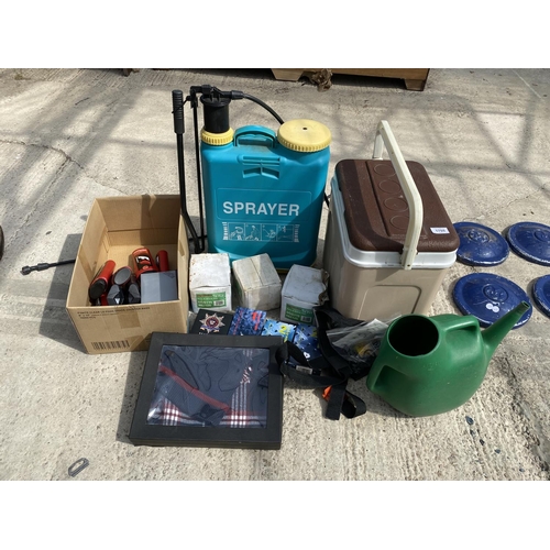 1755 - AN ASSORTMENT OF ITEMS TO INCLUDE COOL BOX, SHOWER GEL AND A GARDEN SPRAYER