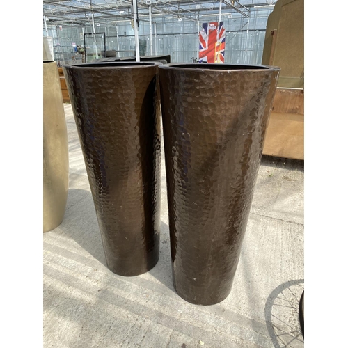 1757 - A PAIR OF TALL BROWN DECORATIVE FIBRE GLASS PLANTERS (H:100CM)