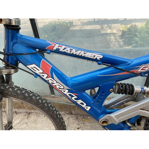 1760 - A BARACUDA HAMMER MOUNTAIN BIKE WITH FRONT AND BACK SUSPENSION AND 21 SPEED SHIMANO GEAR SYSTEM