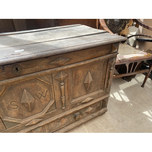 2118 - A GEORGE III OAK BLANKET CHEST WITH THREE PANEL FRONT BEARING INITIALS S.W AND DRAWER TO BASE, 50