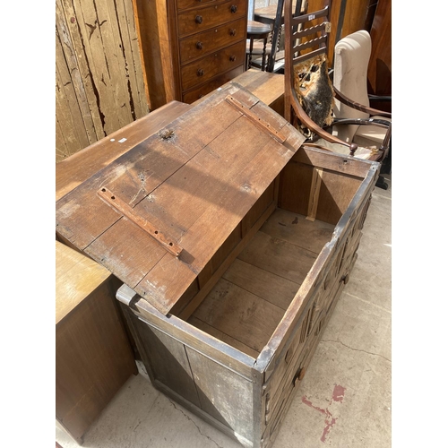 2118 - A GEORGE III OAK BLANKET CHEST WITH THREE PANEL FRONT BEARING INITIALS S.W AND DRAWER TO BASE, 50