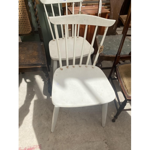 2158 - A PAIR OF WHITE PAINTED ERCOL STYLE CHAIRS, EDARDIAN BEDROOM CHAIR, LADDERBACK CHAIR AND MID 20TH CE... 