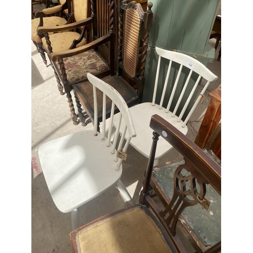 2158 - A PAIR OF WHITE PAINTED ERCOL STYLE CHAIRS, EDARDIAN BEDROOM CHAIR, LADDERBACK CHAIR AND MID 20TH CE... 