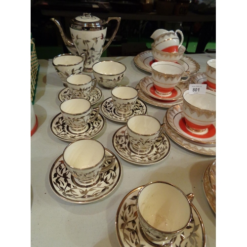 801 - A MYOTT AND CO COFFEE SET IN WHITE AND SILVER AND A FURTHER CHINA EXAMPLE TO INCLUDE A SANDWICH PLAT... 